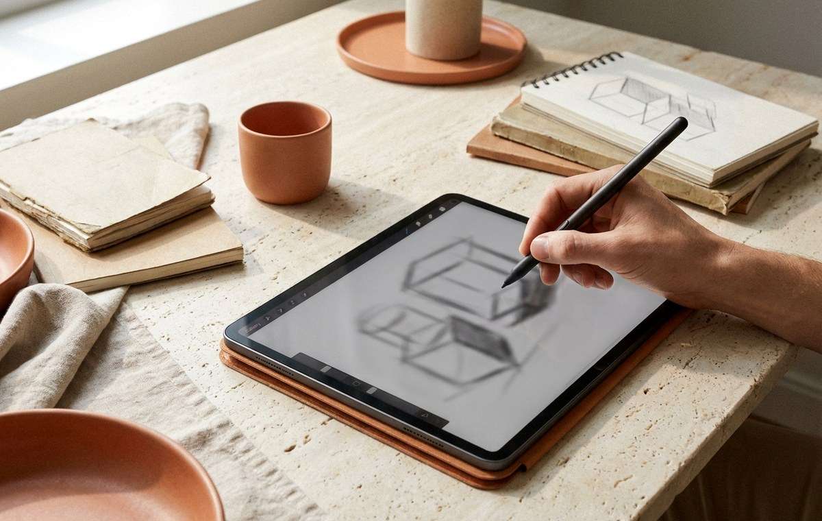 Mobile technology editorial illustration for Mastering Basic Drawing Techniques with Procreate