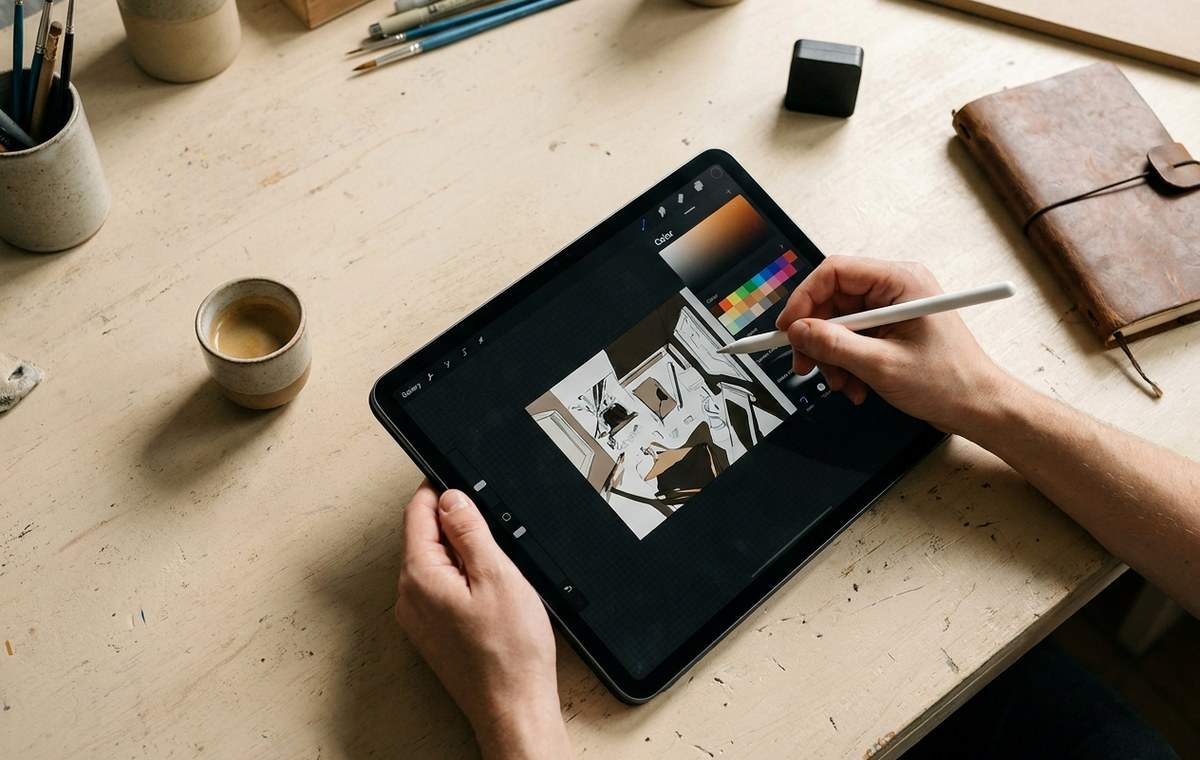 Mobile technology editorial illustration for Procreate Tools Overview: Mastering Digital Artistry