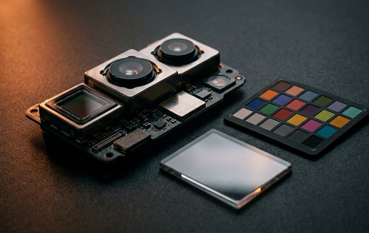 Disassembled phone cameras, image sensors, and a color calibration chart