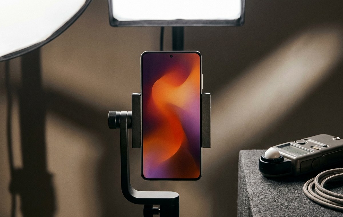 Smartphone display mounted between controlled studio lights for evaluation
