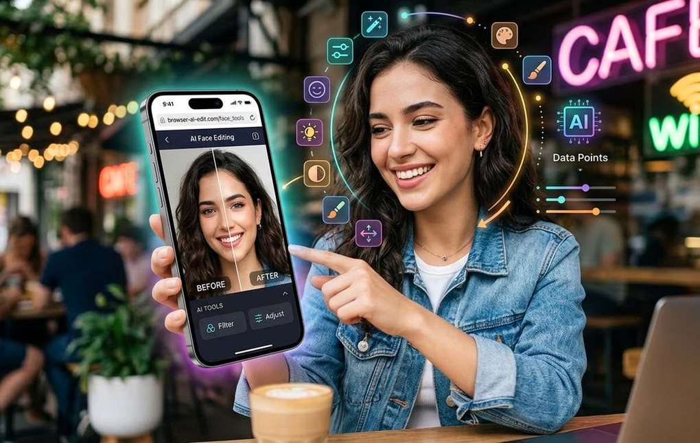 Mobile technology editorial illustration for AI Face Editing Tools That Work Straight From Your Phone Browser