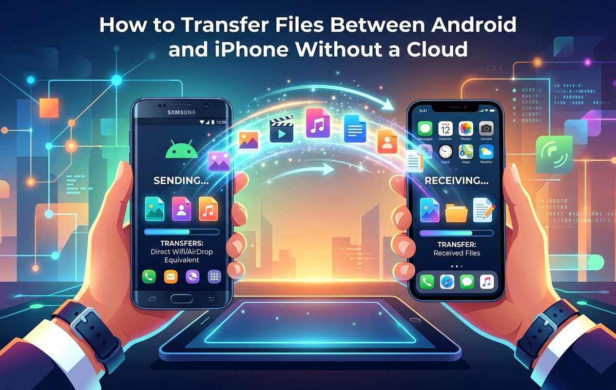 Mobile technology editorial illustration for How to Transfer Files Between Android and iPhone Without a Cloud
