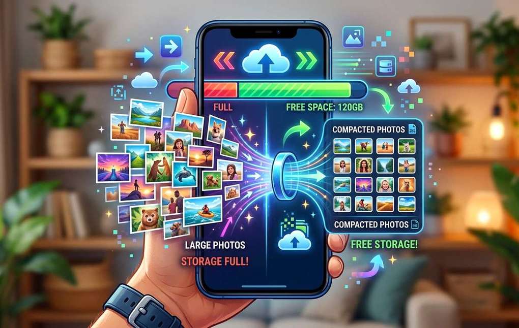 Mobile technology editorial illustration for How to Free up Phone Storage by Shrinking Your Photos