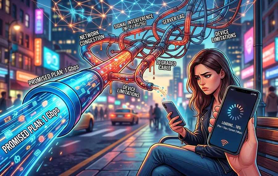 Mobile technology editorial illustration for Why Your Phone's Internet Feels Slower Than Your Plan Promises