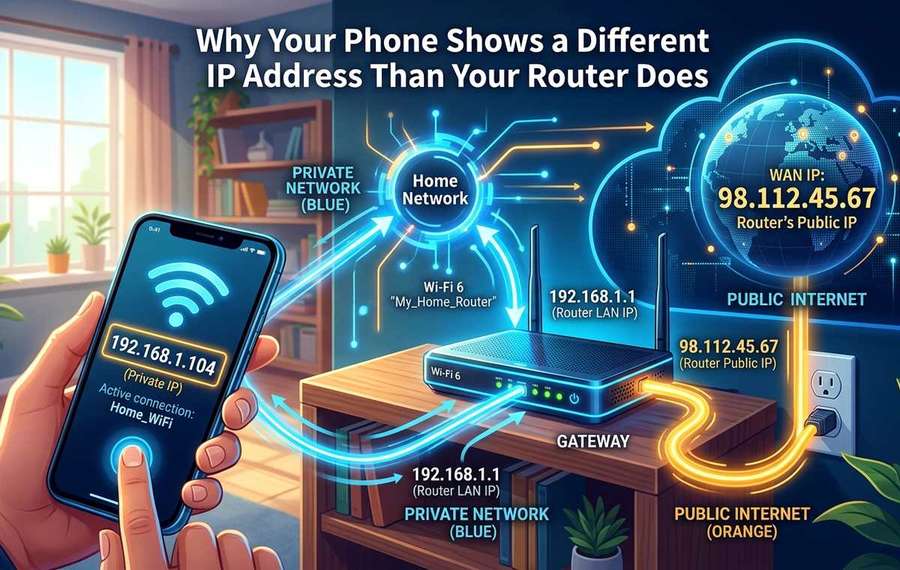 Mobile technology editorial illustration for Why Your Phone Shows a Different IP Address Than Your Router Does