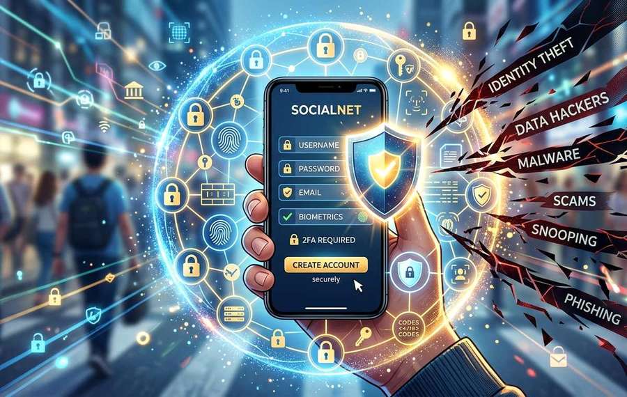 Mobile technology editorial illustration for Protecting Your Identity When Creating Social Media Accounts on Mobile