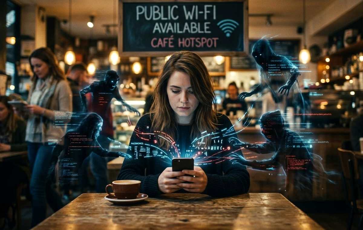 Mobile technology editorial illustration for Public Wi-Fi on Your Phone is Riskier Than You Probably Think