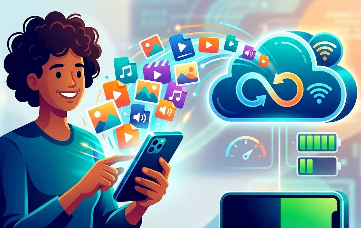 Mobile technology editorial illustration for How to Send Phone Photos Without Eating up Storage or Data