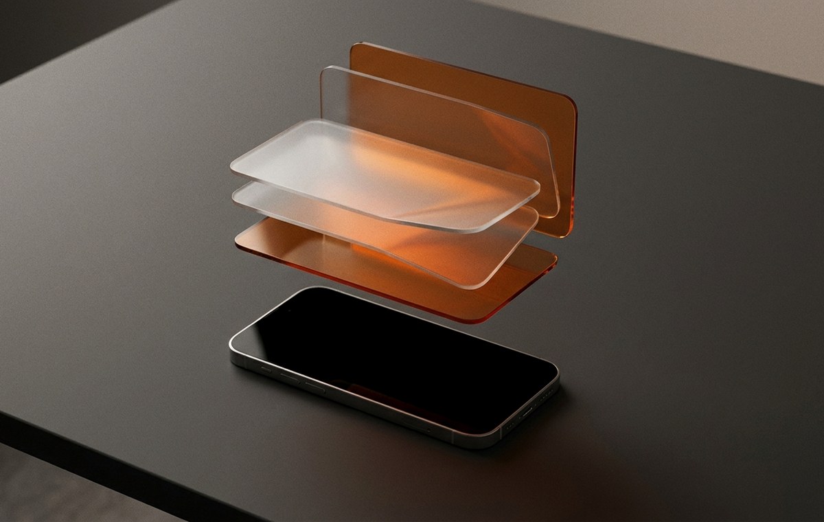 Smartphone beneath layered translucent panels representing a software update