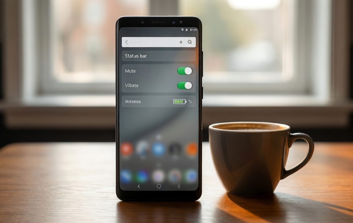 A clean smartphone screen showing a settings menu labeled 'Status bar' with toggle switches for Mute, Vibrate, and Battery percentage. A Pixel phone sits next to a coffee cup on a wooden desk, with soft natural light