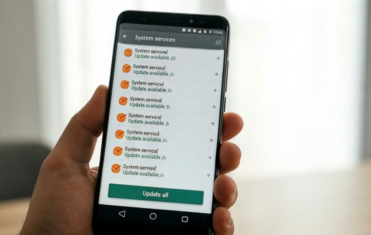 A close-up of an Android phone screen showing a 'System services' update list with several components marked 'Update available' and an 'Update all' button at the bottom, photographed in bright indoor lighting with a