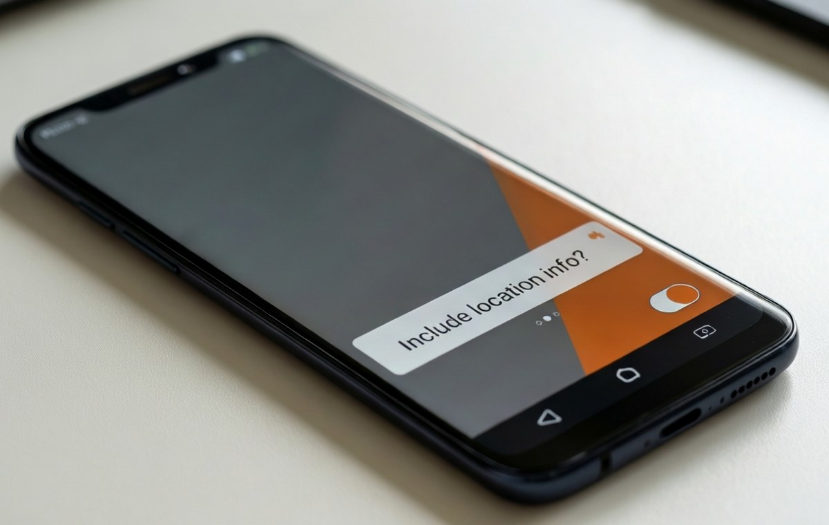 A close-up of an Android smartphone screen showing the Photo Picker interface with a new 'Include location info?' prompt and a toggle button in the bottom right corner, set against a clean desk background
