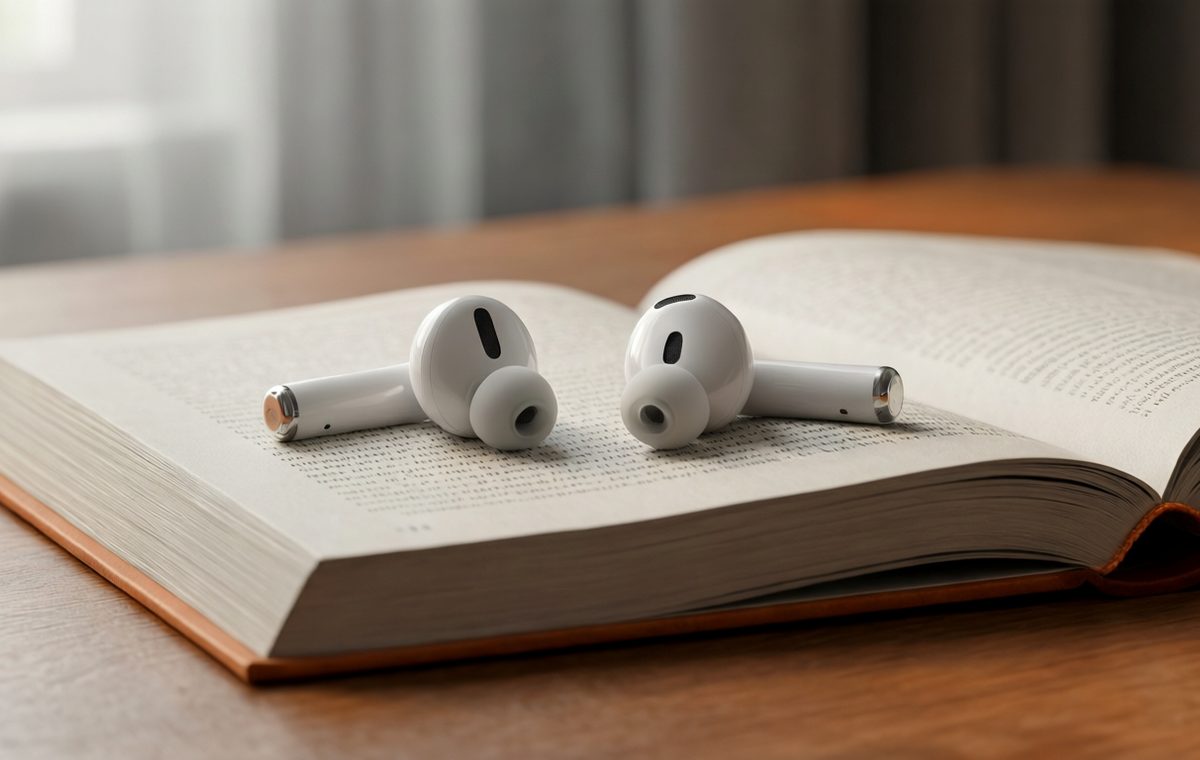 A pair of white wireless earbuds with slightly thicker stems sitting on an open book on a wooden desk. Soft natural lighting