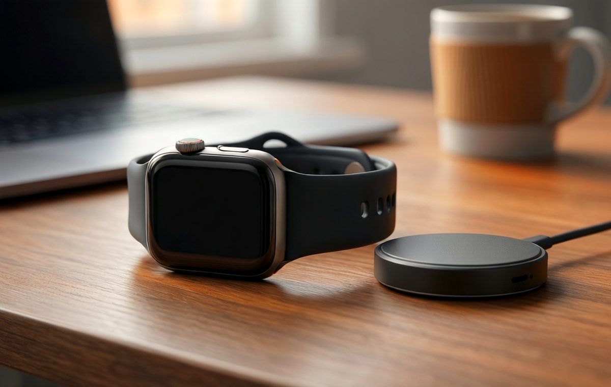 A clean, editorial-style illustration of a modern smartwatch lying face-up on a wooden desk, with a magnetic charging puck disconnected and resting beside it. The background is softly blurred, showing a laptop and a
