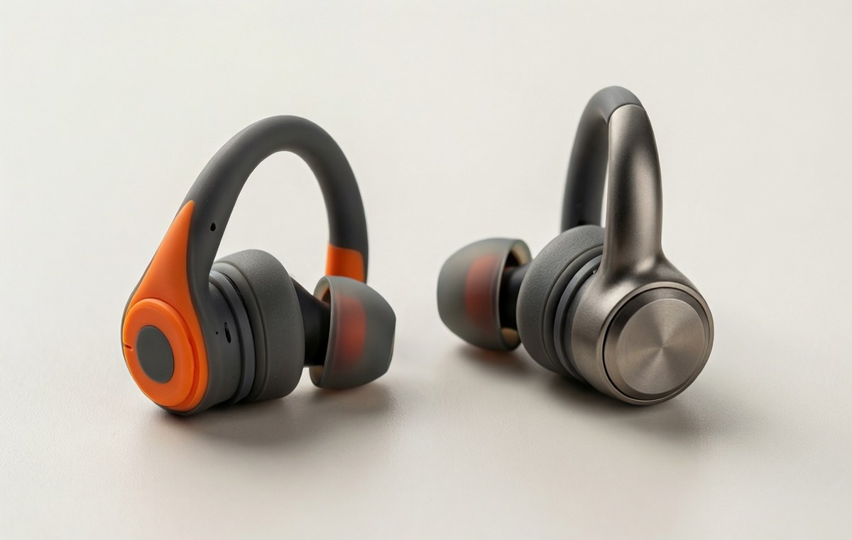A clean editorial photo showing two pairs of clip-on open-ear earbuds on a plain light background. One pair has a sporty silicone-padded design with bright accent colors, and the other has a cuff-shaped metallic finish