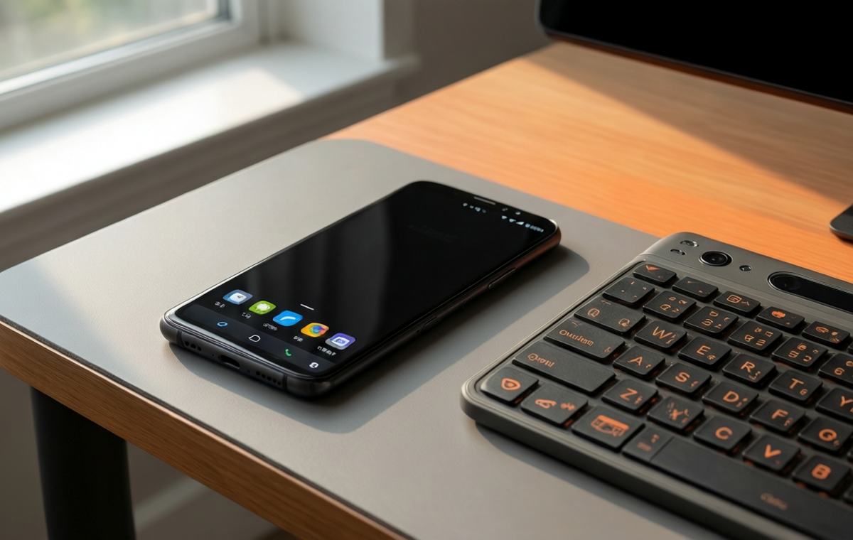 A clean editorial photo of a Clicks Communicator smartphone resting on a desk next to a physical QWERTY keyboard accessory. The phone shows a simple home screen with Android icons. Soft natural light from a window falls