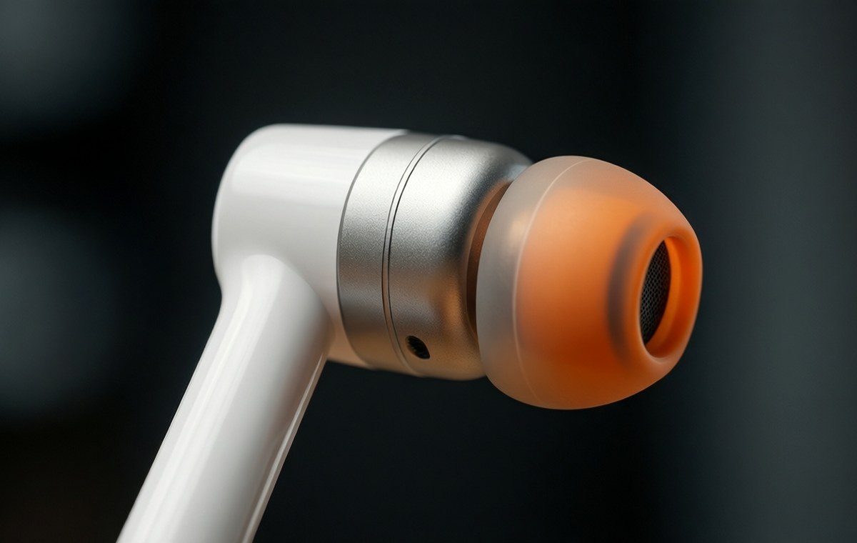 A close-up, bottom-up angle of a white earbud stem with two visible microphones, a metallic silver body, and an orange silicone ear tip. The background is dark and blurred to emphasize the earbud
