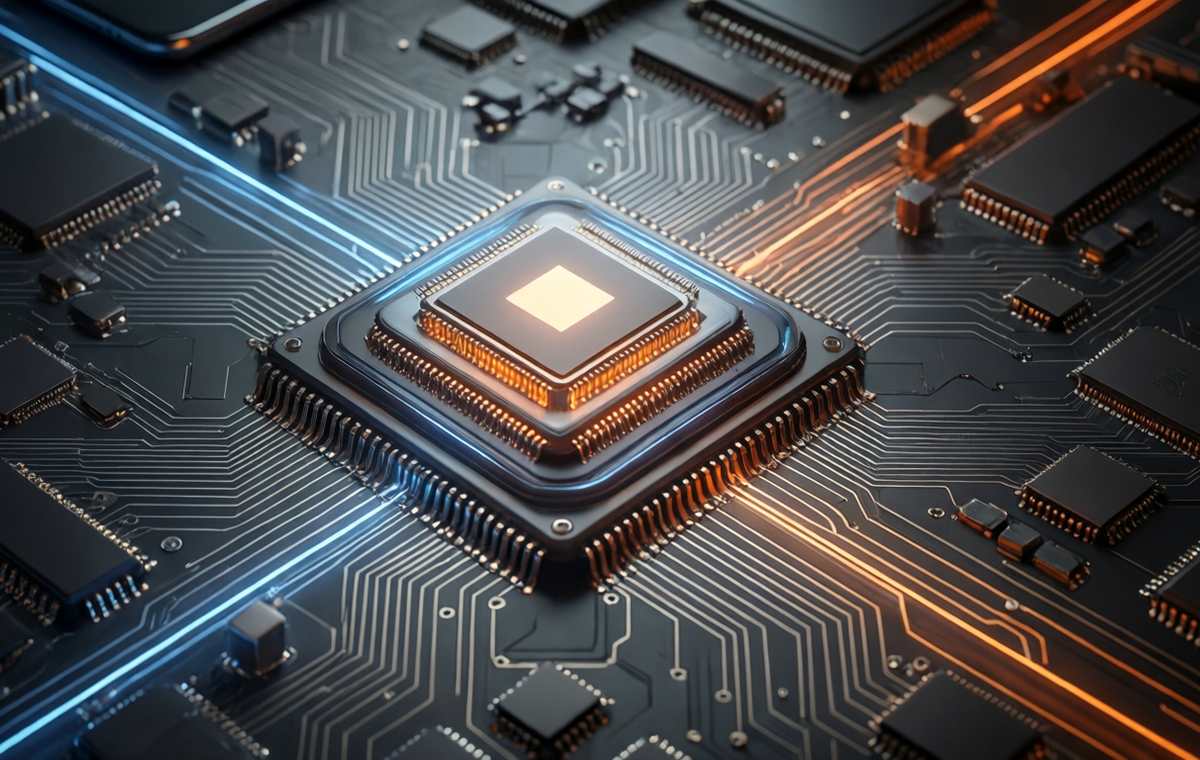 A top-down view of a futuristic circuit board with a glowing central processor chip, surrounded by subtle blue and orange lighting to suggest competition