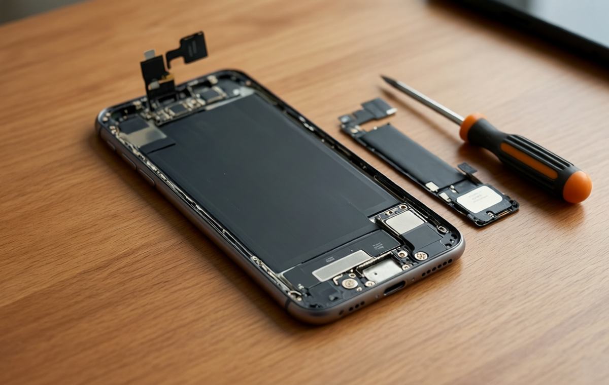 A top-down editorial flat lay of a partially disassembled smartphone on a clean wooden desk, with a small screwdriver and a replacement battery module beside it