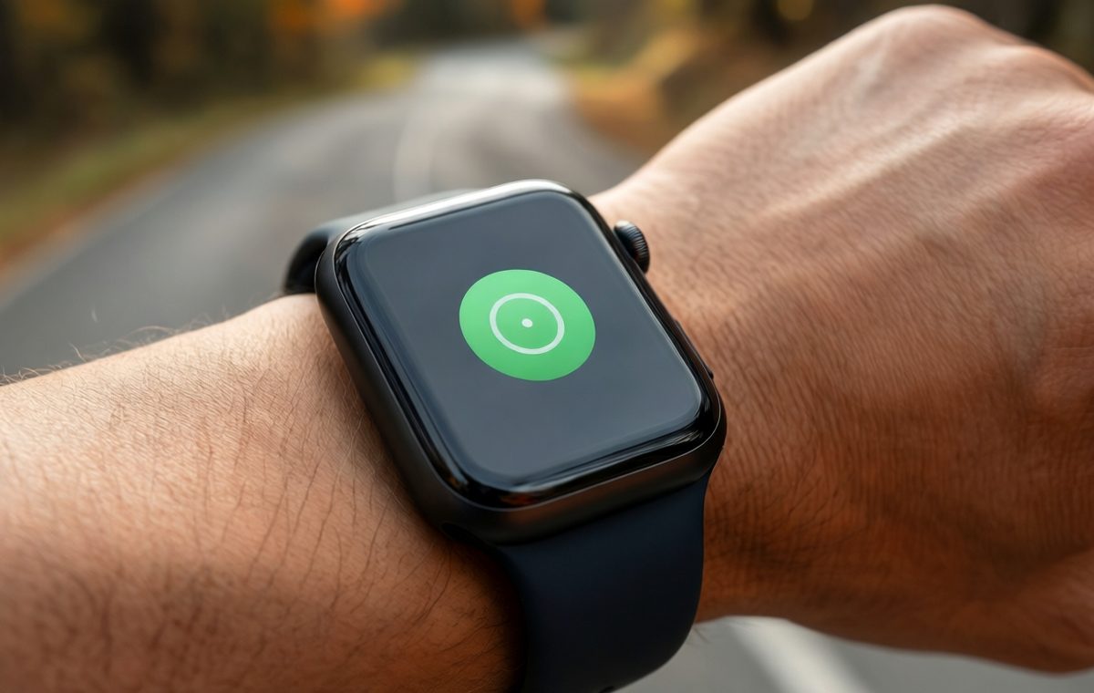 A close-up editorial photo of a smartwatch on a wrist showing a simple green circular app icon on a dark watch face. The background is soft outdoor running trail, suggesting movement without a phone