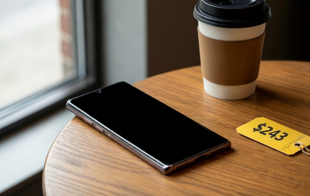 An editorial photograph of a Samsung Galaxy S26 FE resting on a wooden table next to a coffee cup and a yellow price tag that reads $2.43. Soft natural lighting from a window on the left