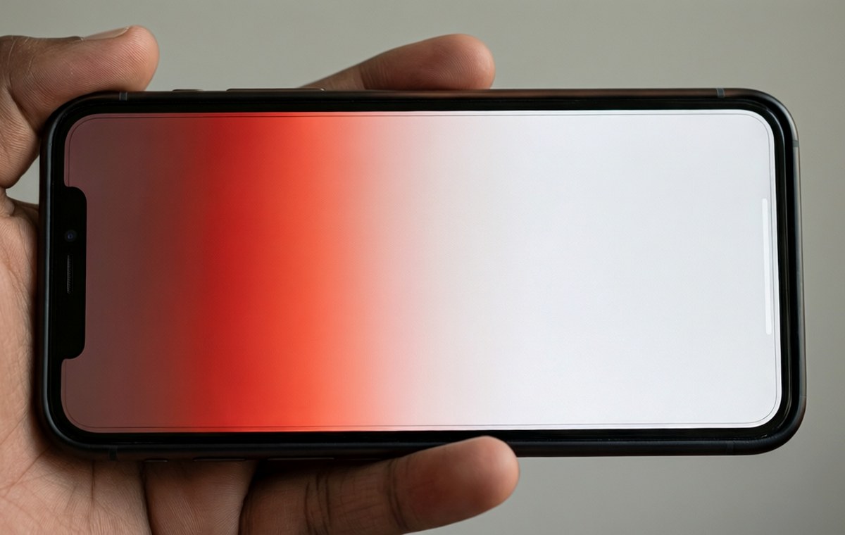 A close-up of a smartphone display showing a subtle red hue on one side of the screen, with the other side showing normal white tones