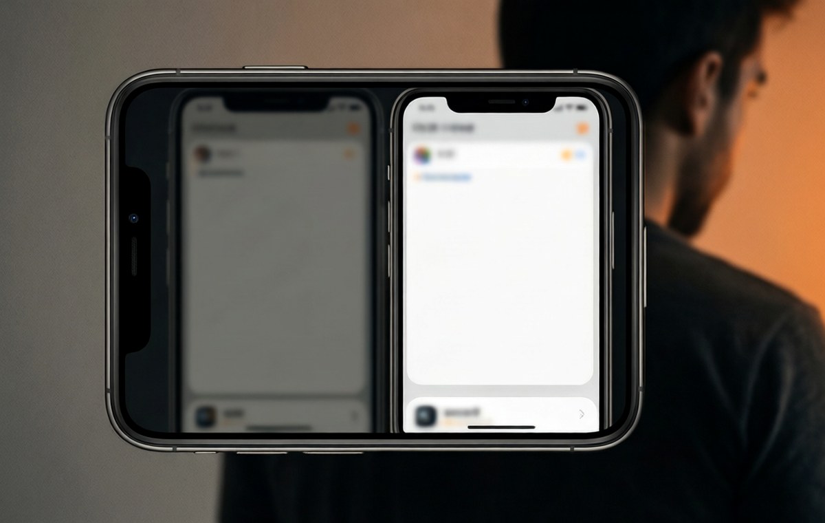 A close-up editorial illustration of a smartphone screen in split-screen mode, with the left app window appearing dimmed and blurred from a side angle while the right app window stays bright and clear. The background