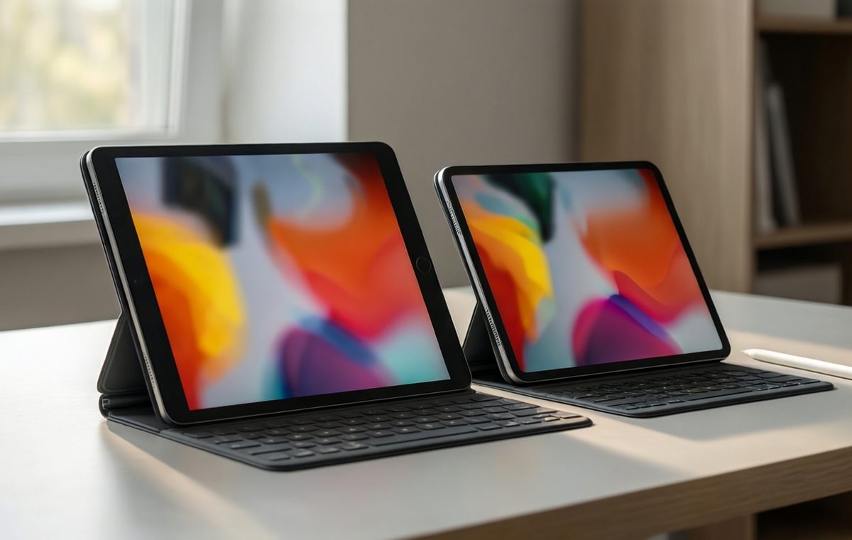 An editorial illustration showing two tablets side by side on a clean desk, one slightly larger than the other, with a stylus resting beside the smaller model. The scene is well-lit with natural daylight, and the