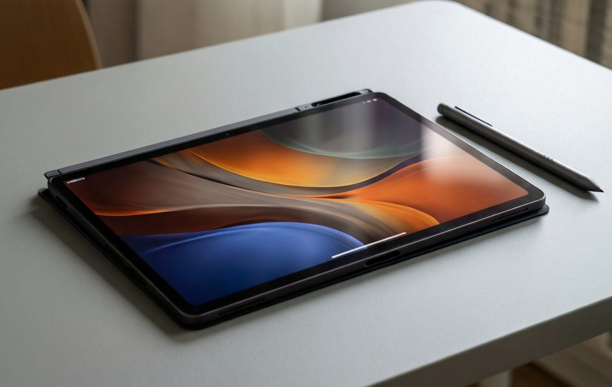 An editorial flat lay photo of a Samsung Galaxy Tab S12 Ultra tablet lying face-up on a light gray desk, next to an S Pen stylus. The tablet's front display shows a colorful abstract wallpaper, and the notch at the top