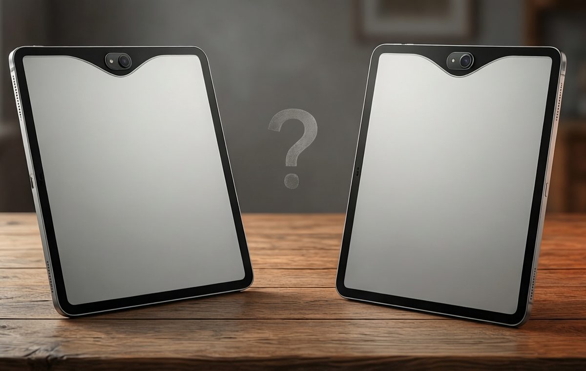 A side-by-side editorial illustration of two large silver tablets placed on a wooden desk, both showing the same thin bezels, a teardrop notch at the top, and a dual rear camera module. A subtle question mark hovers