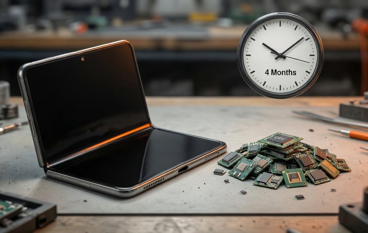 An editorial illustration showing an opened Galaxy Z Fold 8 lying on a workshop table next to a small pile of tiny microchips labeled 'DDI.' A clock hovers above with a '4 Months' caption