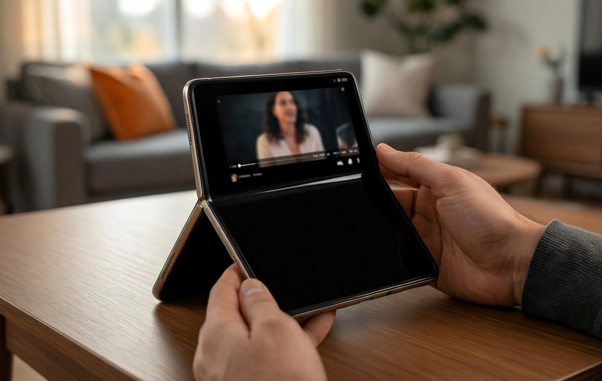 A person holds a Samsung Galaxy Z Fold 8 opened in tent mode on a wooden desk, with a video playing on the cover screen. The phone is propped up like a small tent, and the background shows a cozy living room with soft