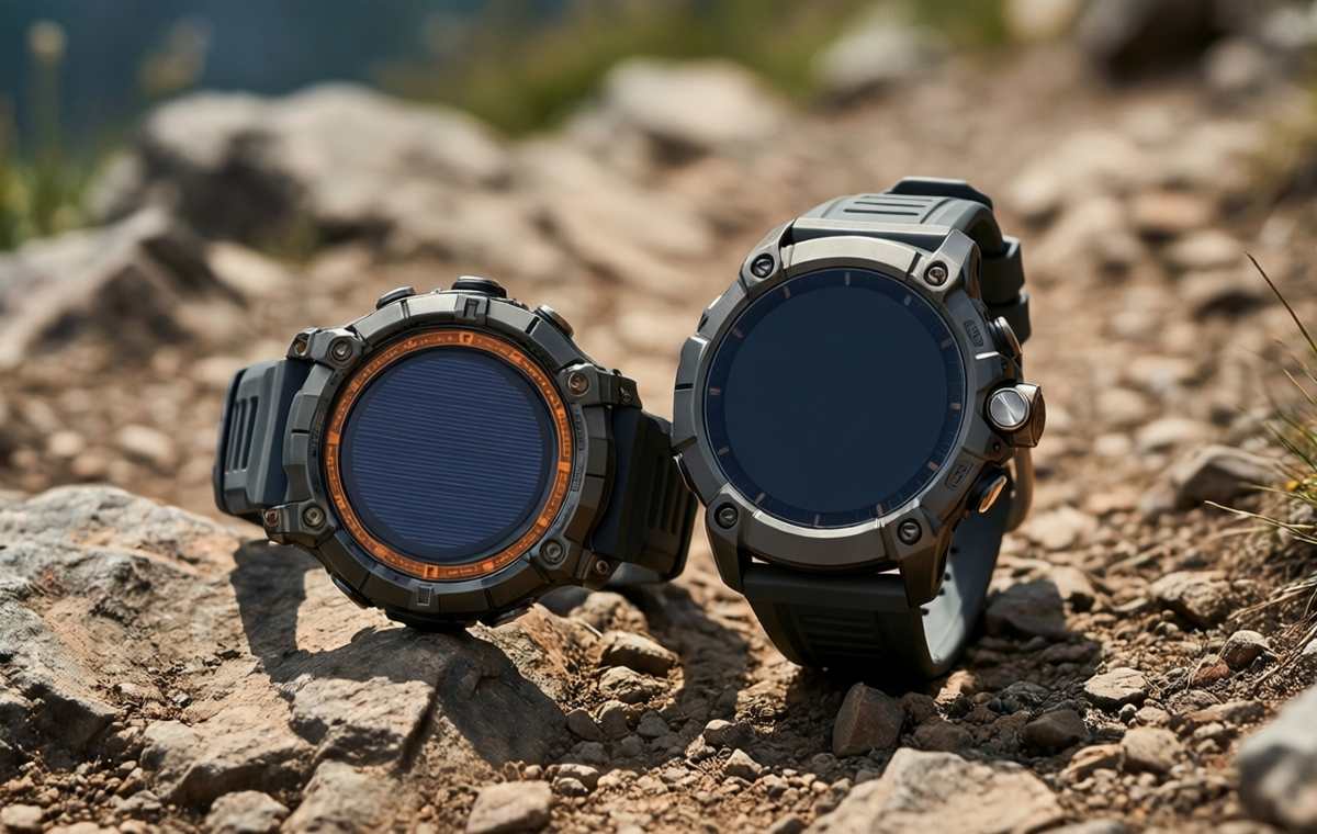A side-by-side editorial photo of two rugged outdoor watches on a rocky trail, one with a solar charging ring visible on the bezel, the other with a slightly larger case and a metal button guard