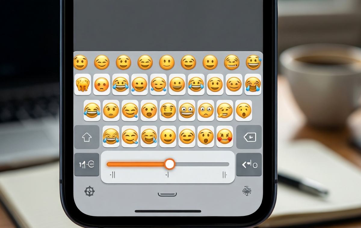 Close-up of a smartphone screen showing the Gboard emoji keyboard with an adjustable slider highlighted below the emoji grid. The slider is set to a middle position, with emoji displayed in a clean, large format. The