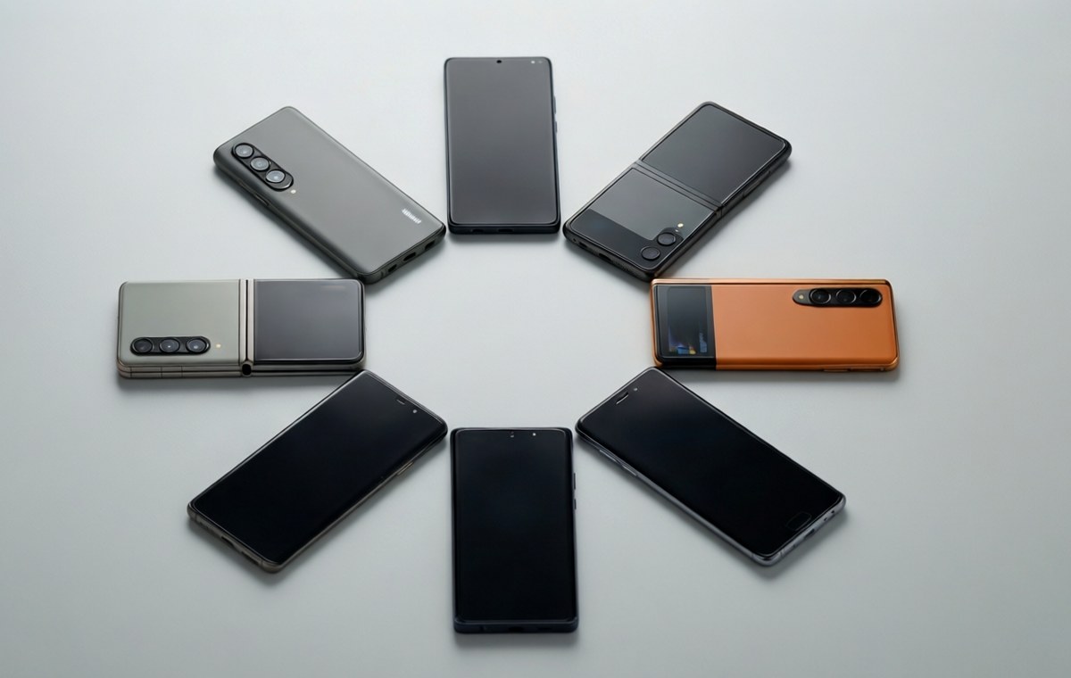 A clean, top-down view of seven modern smartphones arranged in a circle on a light gray surface. The phones are evenly spaced and show a mix of Pixel and Samsung Galaxy foldable designs