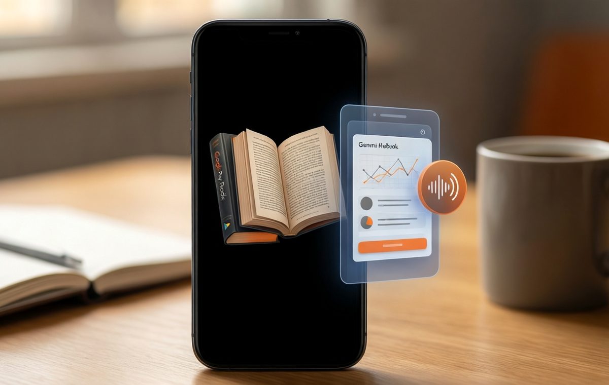 A clean editorial illustration showing a smartphone screen displaying the Google Play Books app with a book cover open, and a floating Gemini Notebook interface beside it showing an infographic and an audio wave icon.