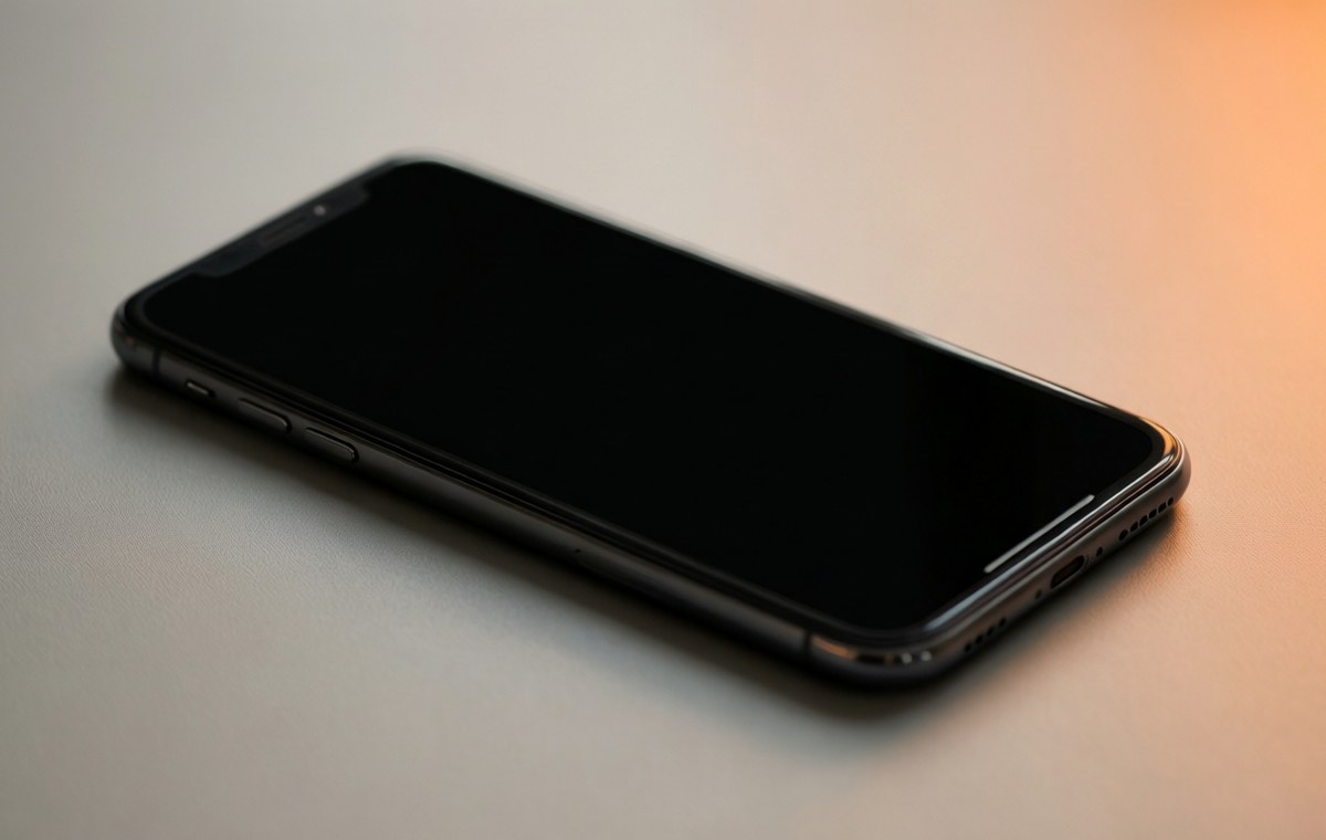 A clean, minimalist editorial photograph of a modern smartphone lying on a plain studio surface with soft natural side lighting and shallow depth of field. The screen is completely black and faces away from the camera