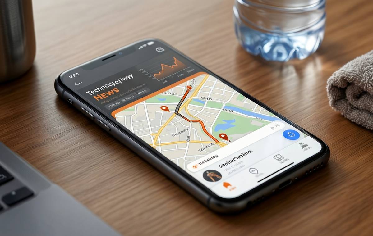 A smartphone screen showing a bright, clean fitness app interface with a map route overlay and a weight graph in the background, set on a wooden desk next to a water bottle and a small towel