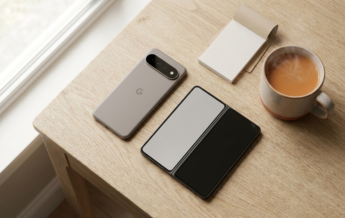 A clean editorial flat lay of a Google Pixel 11 phone and a Samsung Galaxy Z Fold 6 lying face-up on a light wooden desk. Next to them are a small notepad and a cup of chai. No logos or screen text are visible on the