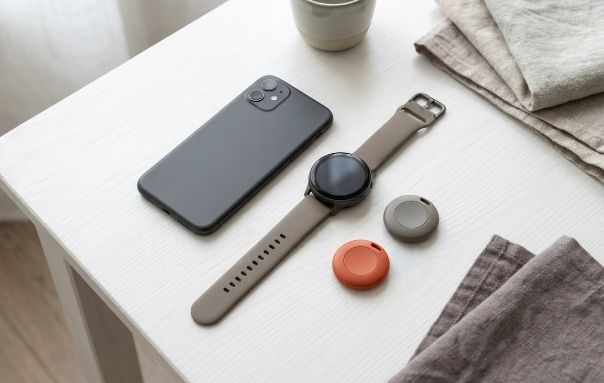 A clean, flat-lay photo of a Google Pixel 11 phone, a Pixel Watch 5, and two Pixel Tags placed on a white wooden table. Soft, natural daylight. No logos or text