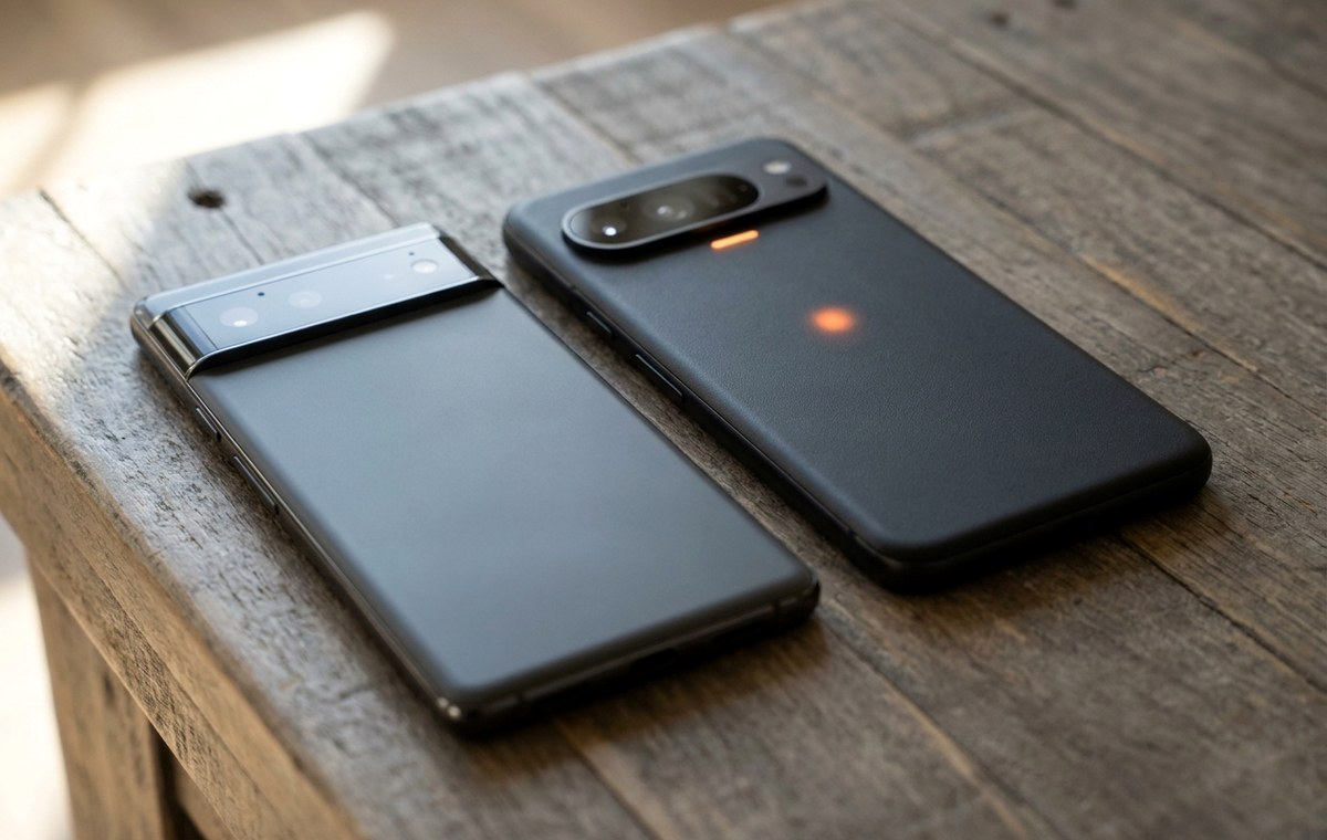A close-up editorial photo of two smartphones side-by-side on a wooden table. One phone is a standard Pixel 11 with a thin glass camera bar, lying face down. The other is a Pixel 11 Pro in Obsidian color with a full