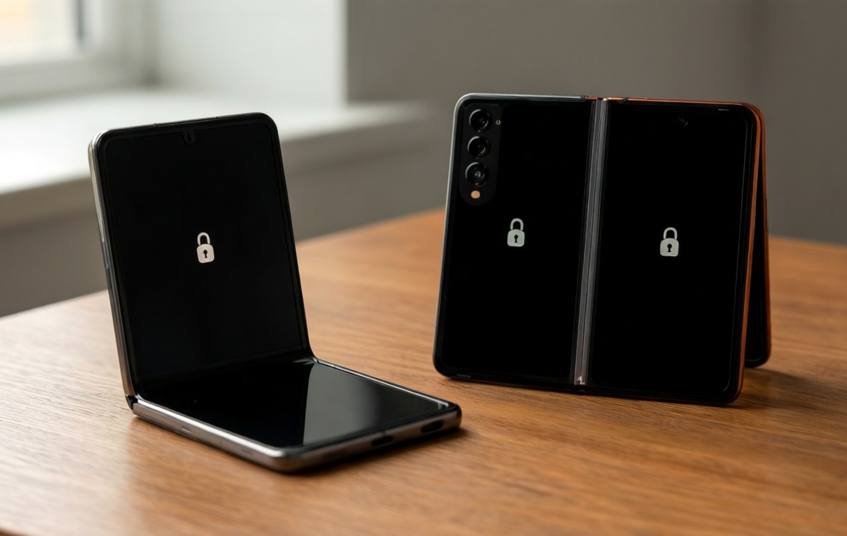 A clean editorial photo showing a Motorola Razr Ultra flip phone lying open on a wooden desk next to a Google Pixel 9 Pro Fold, both screens displaying a simple lock icon