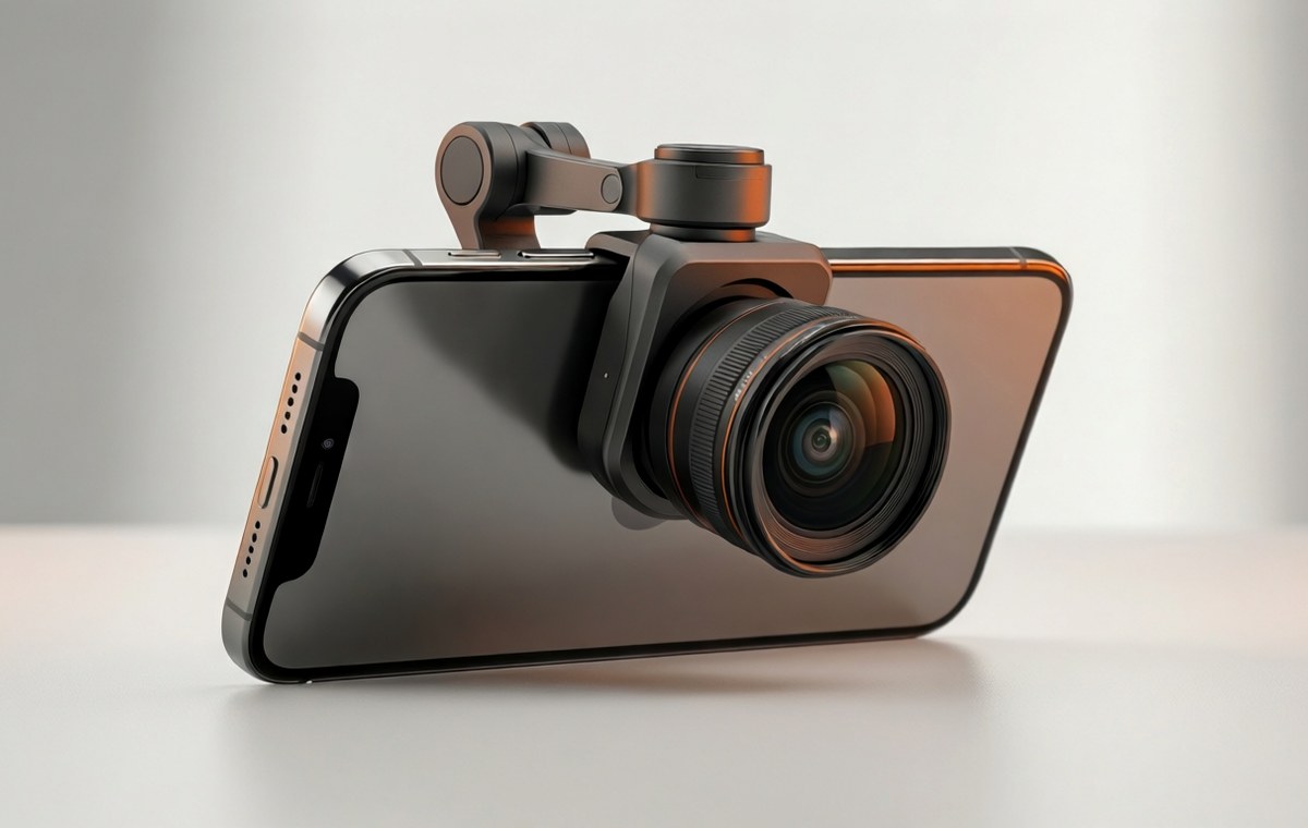 A sleek smartphone with a small robotic camera arm extended from the back, showing a large lens on a gimbal. The arm is unfolded at a 45-degree angle, revealing the phone's metallic body and slim profile. Background is