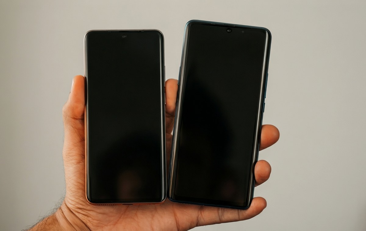 Editorial photograph showing two smartphones side by side: one conventional tall phone and one wider-screen Huawei Pura X View, both held in one hand, highlighting the different aspect ratios