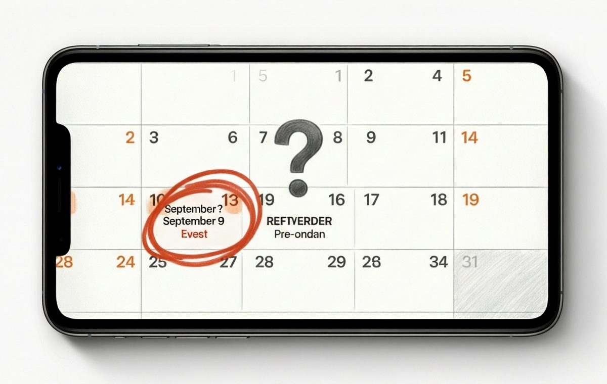 An editorial illustration of an Apple event invitation on a calendar page, with the September 9 date circled in red and a question mark over the pre-order date