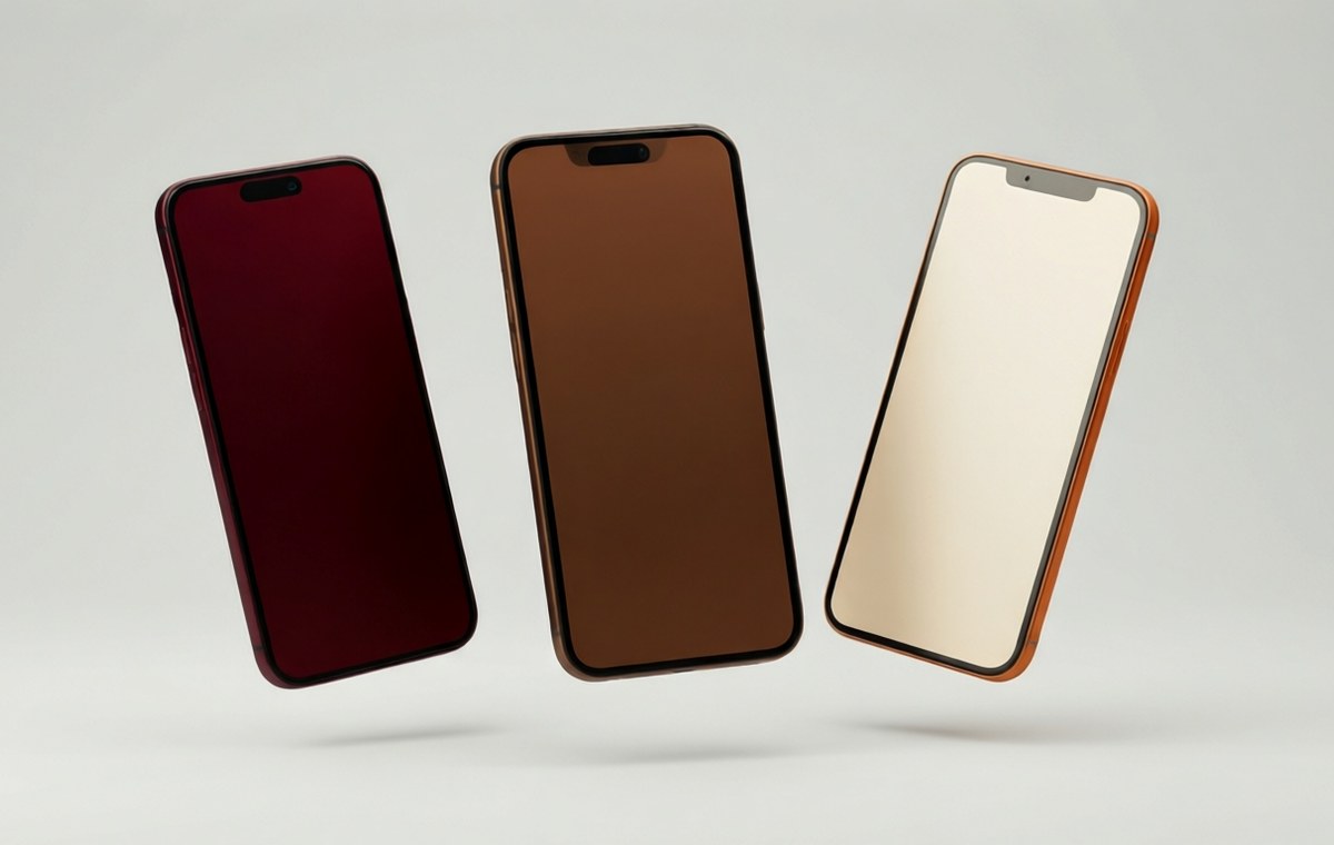 A clean editorial illustration showing three floating smartphone silhouettes, each in a distinct solid color finish: a deep dark red, a rich bronze or brown tone, and a warm cream or off-white shade
