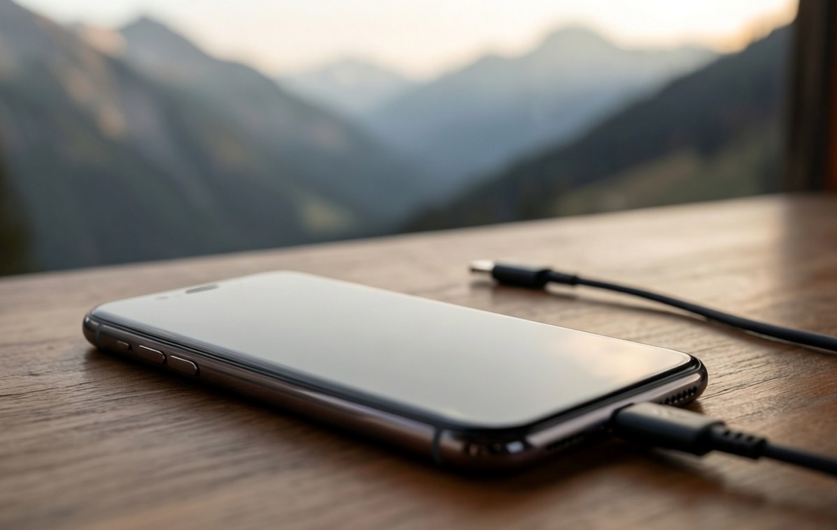 A close-up of a modern smartphone lying on a wooden table next to a charging cable, with a soft-focus background of a mountain landscape. The phone screen is off, reflecting light