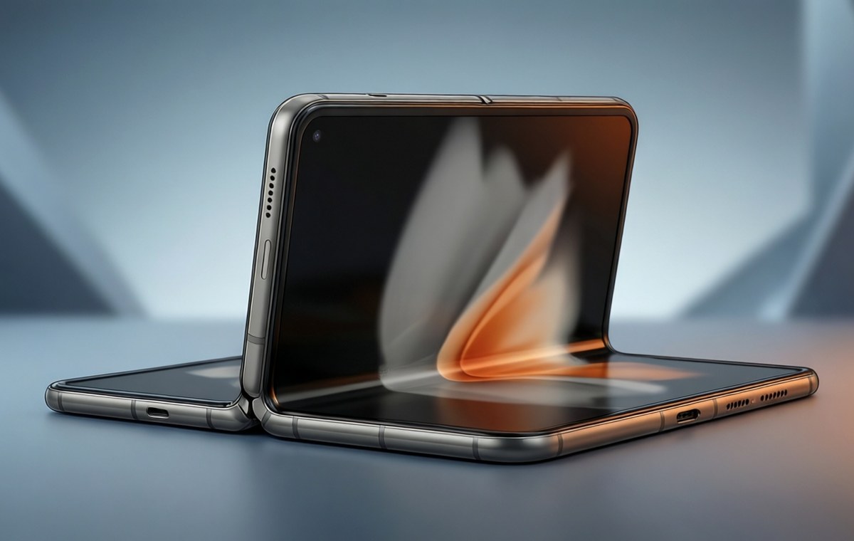 A clean, modern editorial illustration of a foldable smartphone in a half-open position, viewed from the side. The device has a slim metal hinge and a large inner display showing a simple abstract wallpaper. The