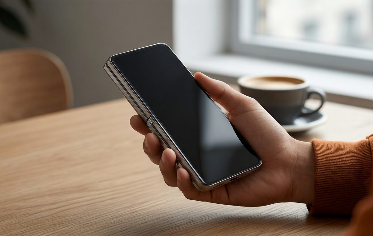 A person holds a closed foldable smartphone in one hand, the device showing a sleek metal and glass exterior