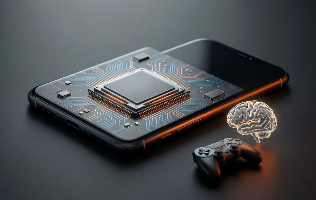 A clean, editorial-style flat lay of a futuristic smartphone chip on a dark, matte surface. The chip is metallic with subtle blue and orange circuit traces. Beside it, a small stylized AI brain icon made of light and a